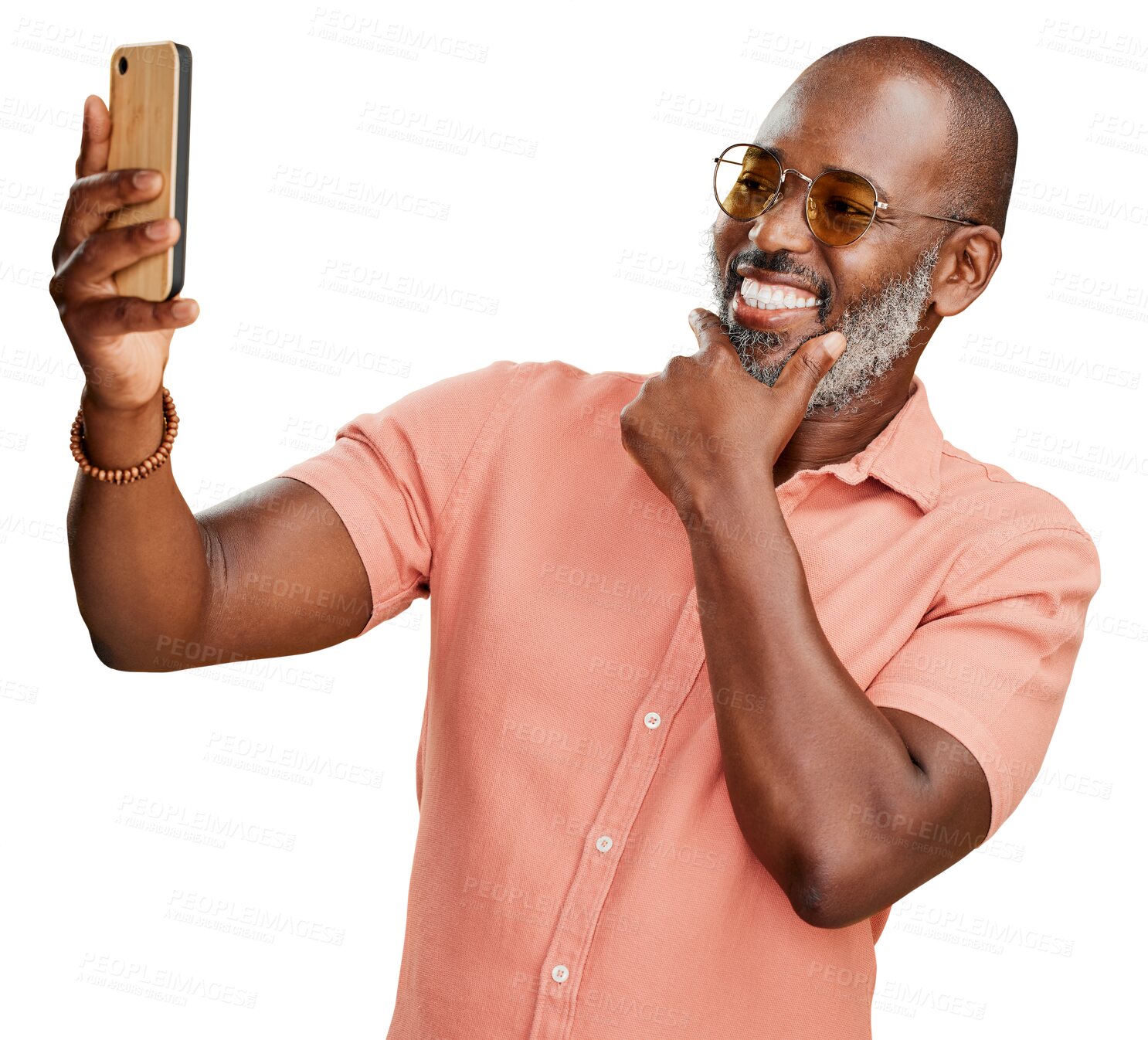 Buy stock photo Black man, selfie and happy in sunglasses for social media photography or online promotion. Confidence of senior person, model or influencer in profile picture isolated on transparent, png background