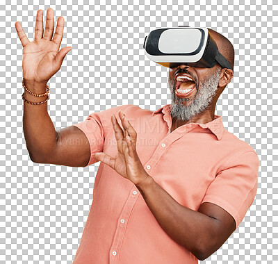 Buy stock photo Virtual reality, glasses and man with wow, surprise or action isolated on transparent, png background for high tech. VR, vision and senior person scared for 3d gaming, user experience or scary games