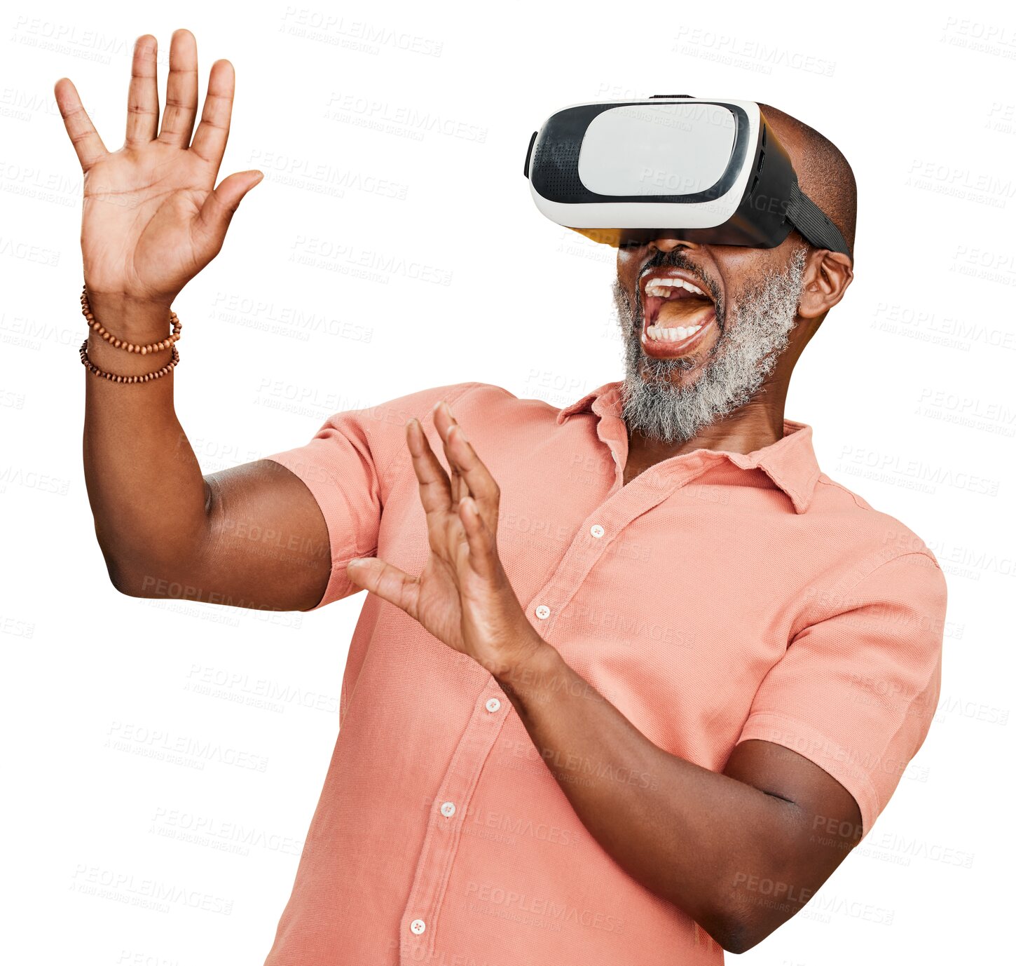 Buy stock photo Virtual reality, glasses and man with wow, surprise or action isolated on transparent, png background for high tech. VR, vision and senior person scared for 3d gaming, user experience or scary games