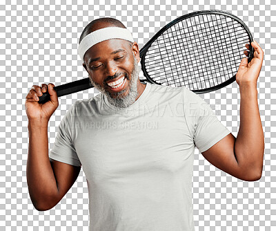 Buy stock photo Sports, mature black man with a tennis racket and happy isolated against a transparent png background with smile. Happiness, athlete or sportswear and senior African male person with sport equipment