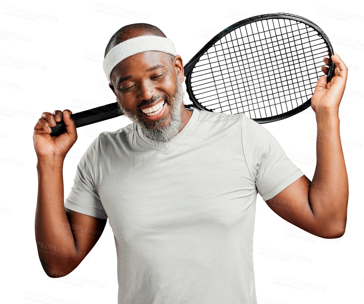 Buy stock photo Sports, mature black man with a tennis racket and happy isolated against a transparent png background with smile. Happiness, athlete or sportswear and senior African male person with sport equipment