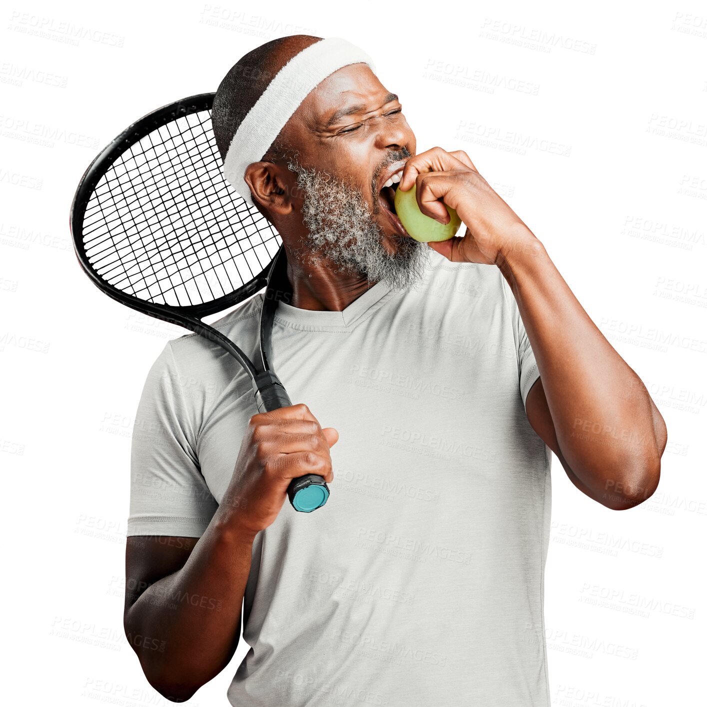 Buy stock photo Player, sports and black man with an apple, tennis and healthy guy isolated against a transparent background. Male person, senior athlete and guy with fruit, eating and nutrition with png and fitness