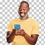 One happy African American man standing holding and using his cellphone to browse the internet. Smiling black man laughing while browsing his phone for social media isolated on a png background