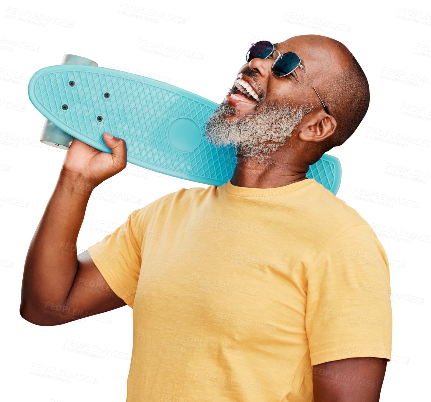 Buy stock photo Cool, skateboarding and a mature black man with sunglasses for summer, hobby and laughing. Happy, thinking and an elderly person ready to skate with a board isolated on a transparent png background