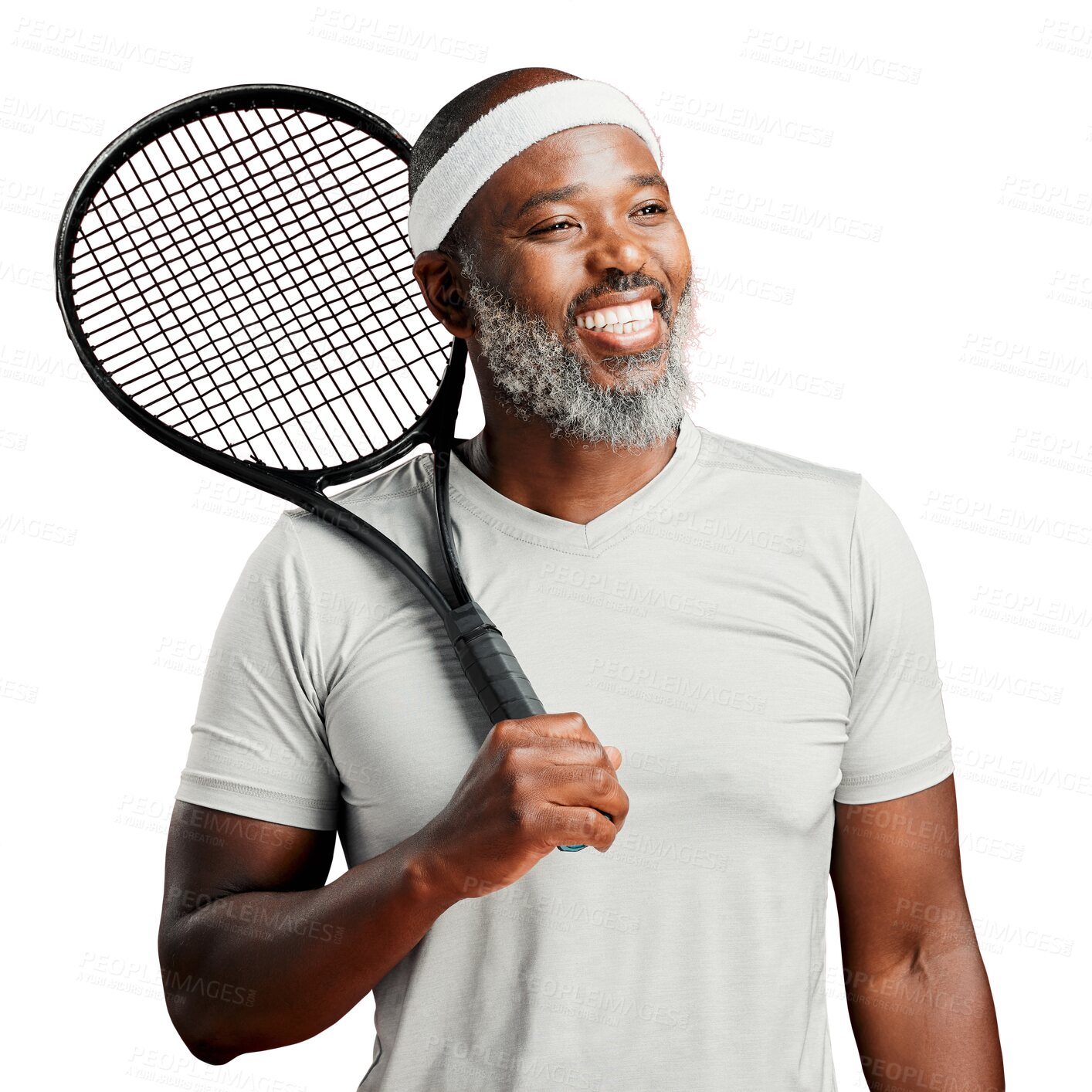 Buy stock photo Portrait, tennis and happy black man with racket for sports training on court or transparent, isolated and png background. Retirement, fitness for senior person or sport, hobby or wellness activity