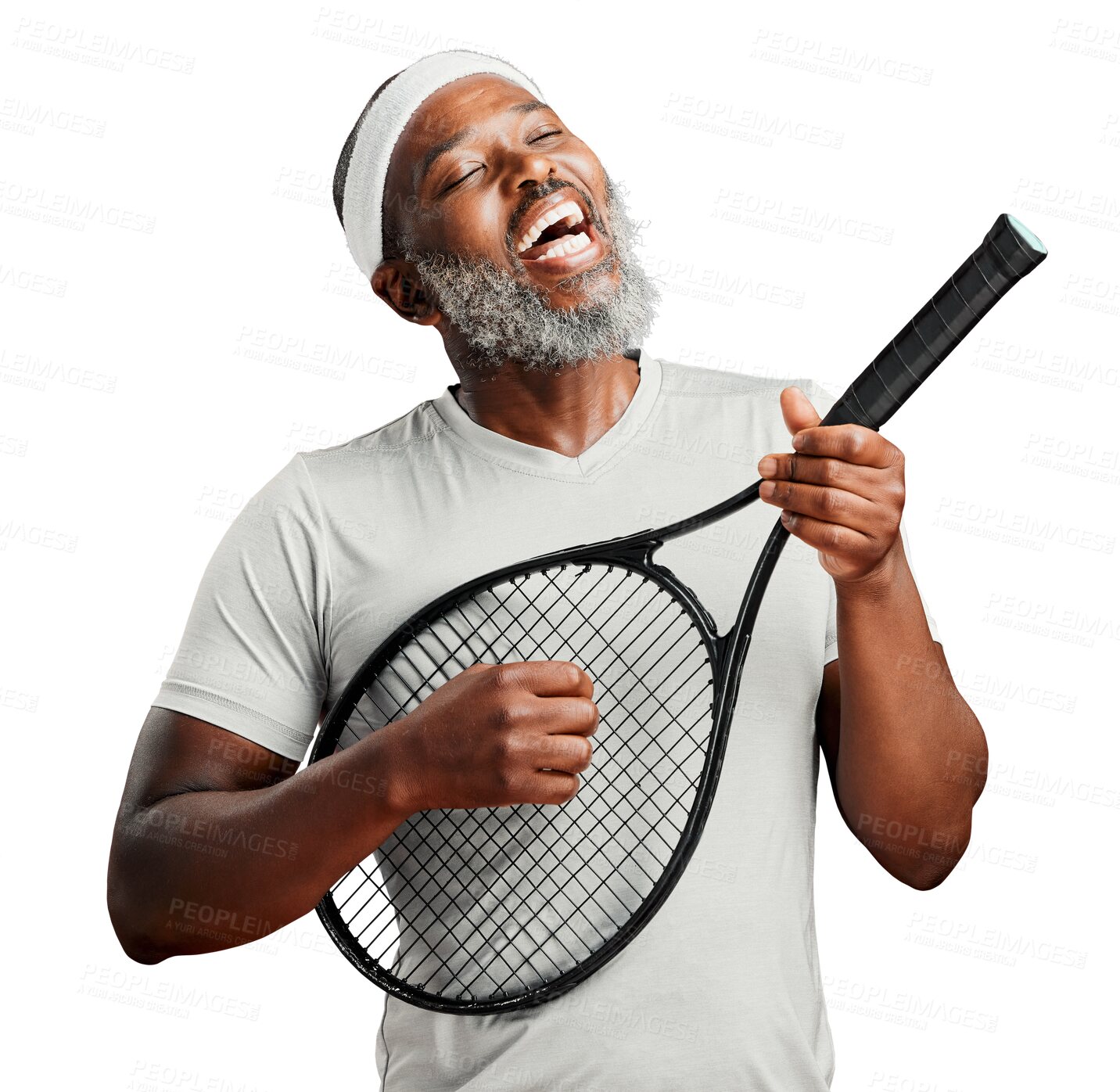 Buy stock photo Sport, man with tennis guitar racket and isolated against a transparent png background. Fitness or sportswear, happy and senior African male person singing with sports equipment for health wellness