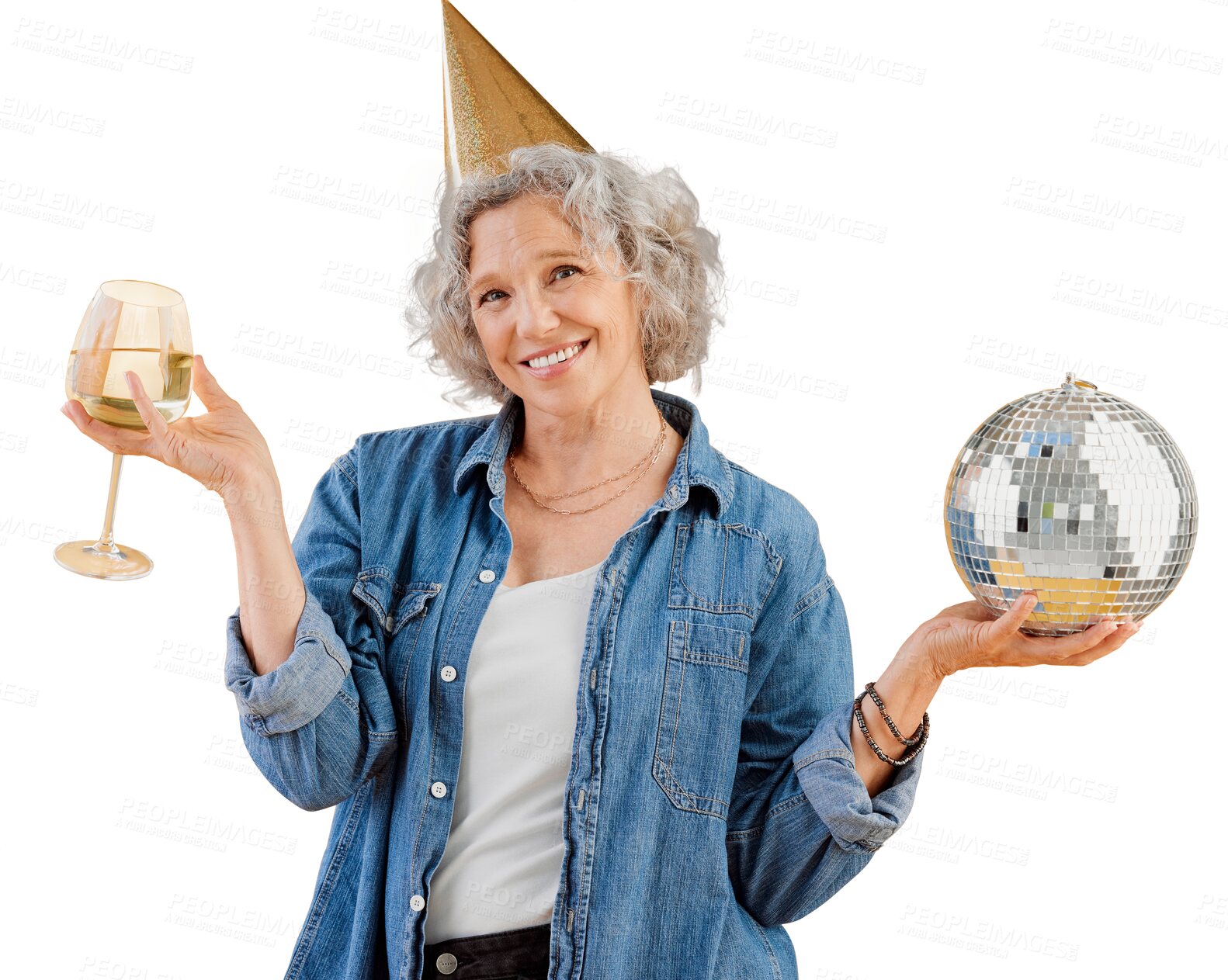 Buy stock photo Portrait, senior woman at party or happy celebration with a disco ball, drinking a glass of wine and a birthday hat in transparent, isolated or png background. Smile, celebrating event or anniversary