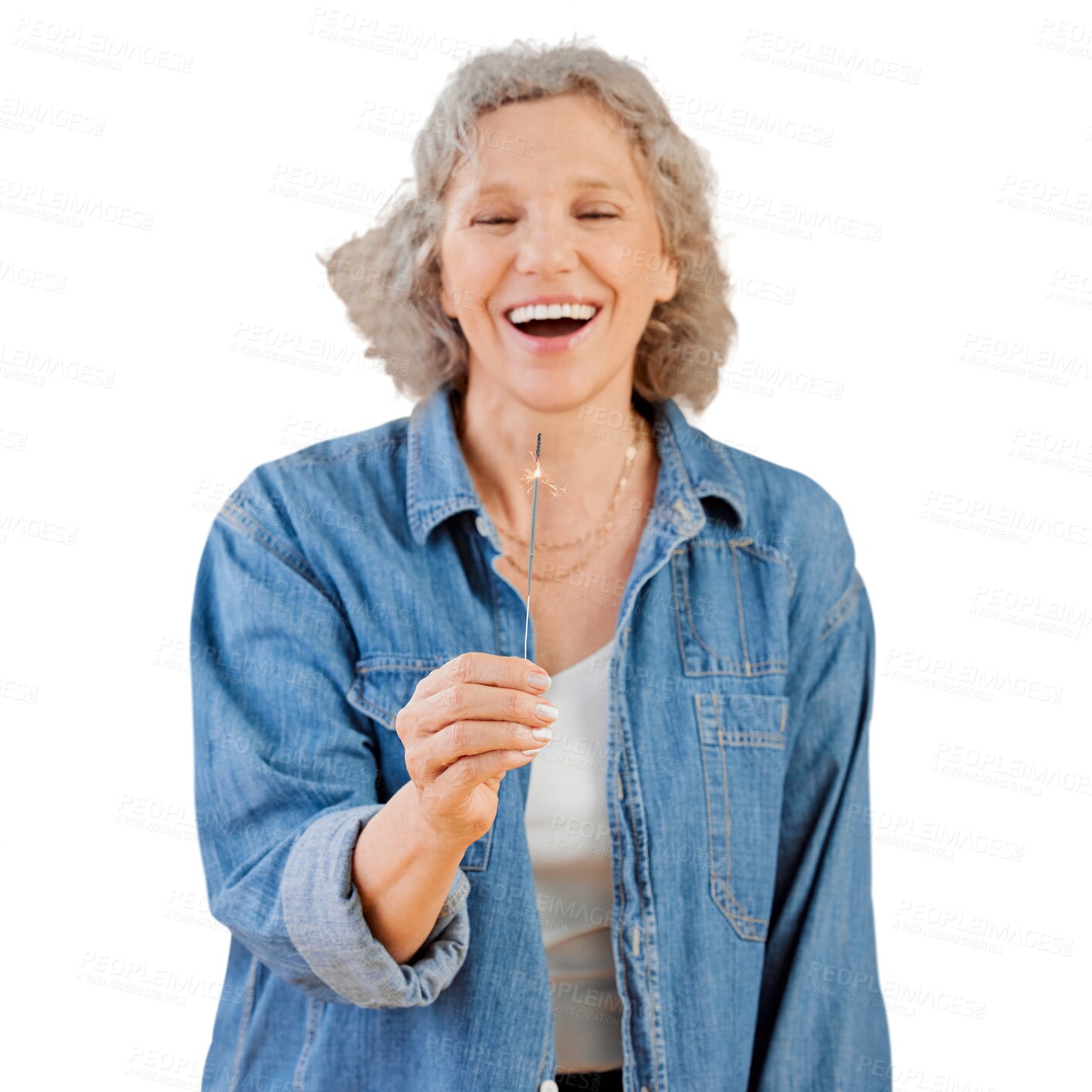 Buy stock photo Happy, senior and woman with sparkler isolated on a transparent png background. Excited, birthday or person with fireworks for celebration of event, party or smile for holiday, vacation or retirement