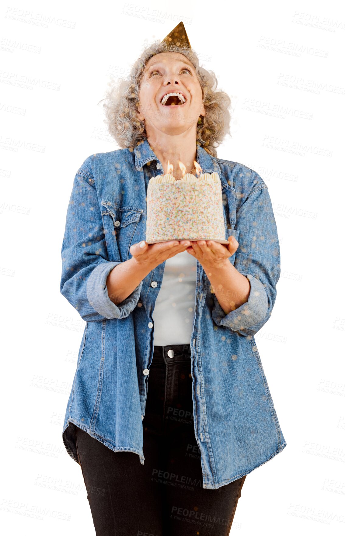 Buy stock photo Happy, senior woman with a birthday cake and party hat isolated against a transparent png background smiling. Happiness or surprise, celebration and elderly female person partying with a smile