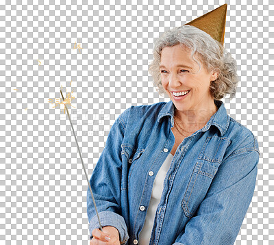 Buy stock photo Elderly, happy and woman with sparkler for birthday isolated on a transparent png background. Excited, party and person in hat with fireworks for celebration of event, sparks or smile in retirement