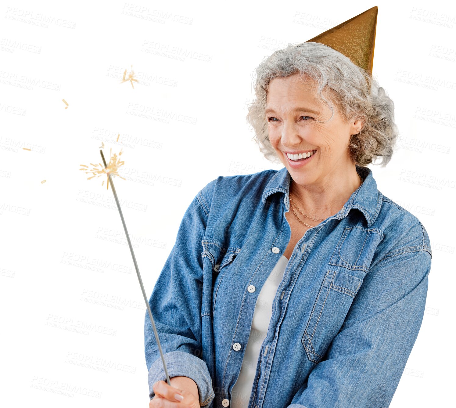 Buy stock photo Elderly, happy and woman with sparkler for birthday isolated on a transparent png background. Excited, party and person in hat with fireworks for celebration of event, sparks or smile in retirement