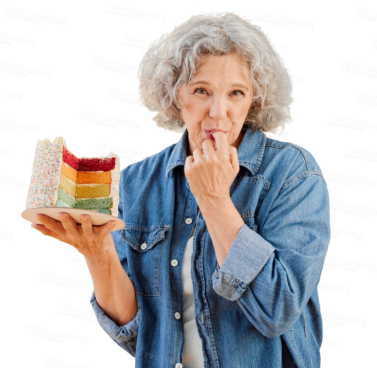 Buy stock photo Old woman is eating cake, rainbow dessert and birthday celebration in portrait isolated on transparent png background. Taste, female person enjoying bakery snack and celebrate retirement party