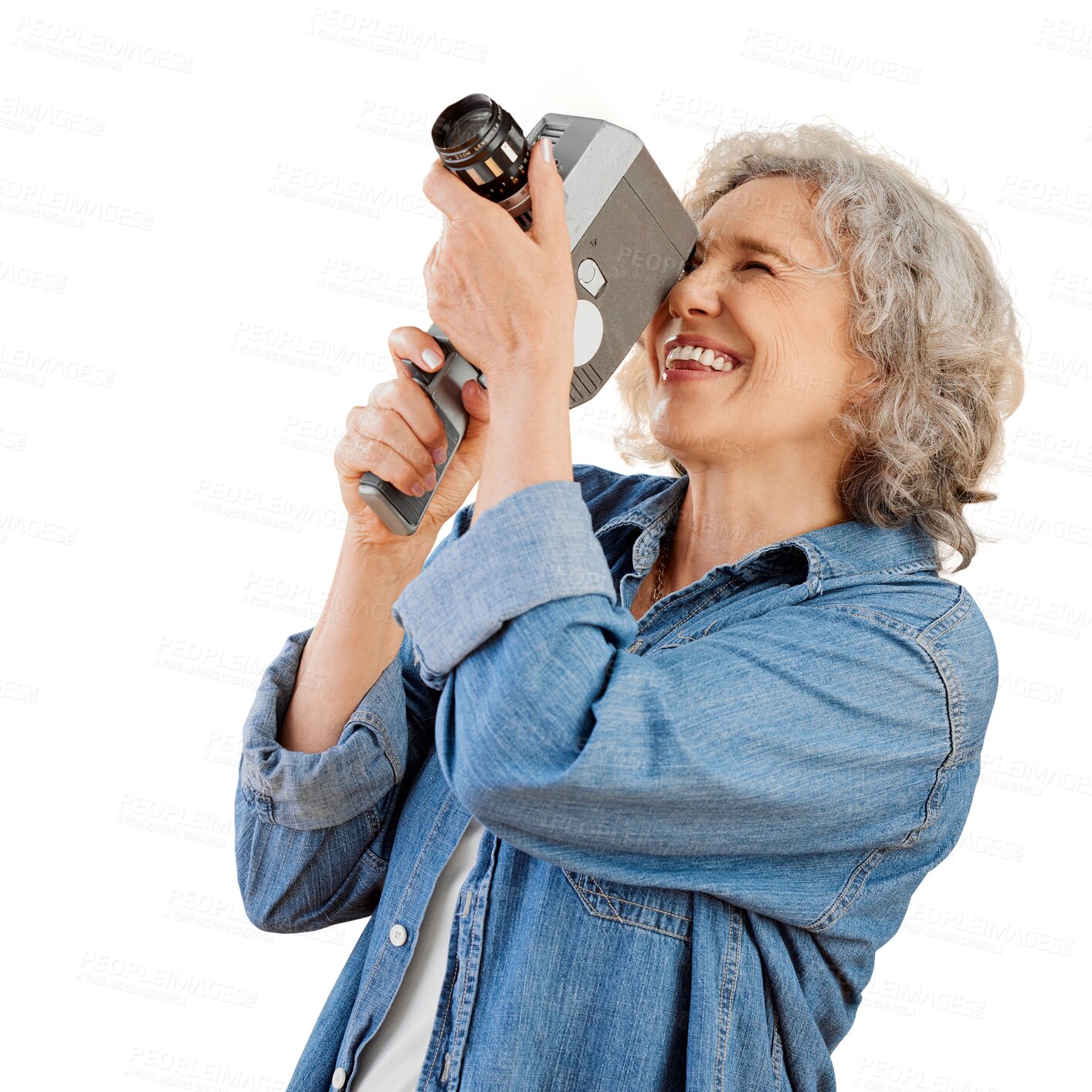 Buy stock photo Woman, smile of photographer and vintage video, record or capture film on retro camera on transparent, isolated or png background. Creative, senior journalist and person with movie or photography