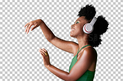 Buy stock photo Music, black woman with listening to music with headphones and dance isolated against a transparent png background. Dancing or motion, happy and African female person listen to podcast or radio