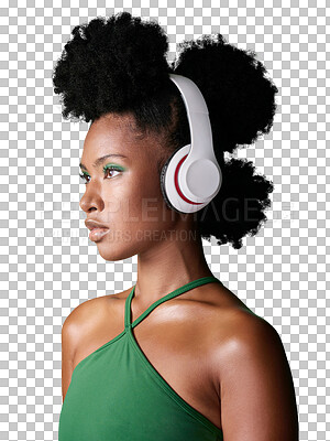 Buy stock photo Black woman, headphones and listening to music or podcast while thinking of fashion. African, gen z girl and audio to listen to streaming service isolated on a transparent png background for tech