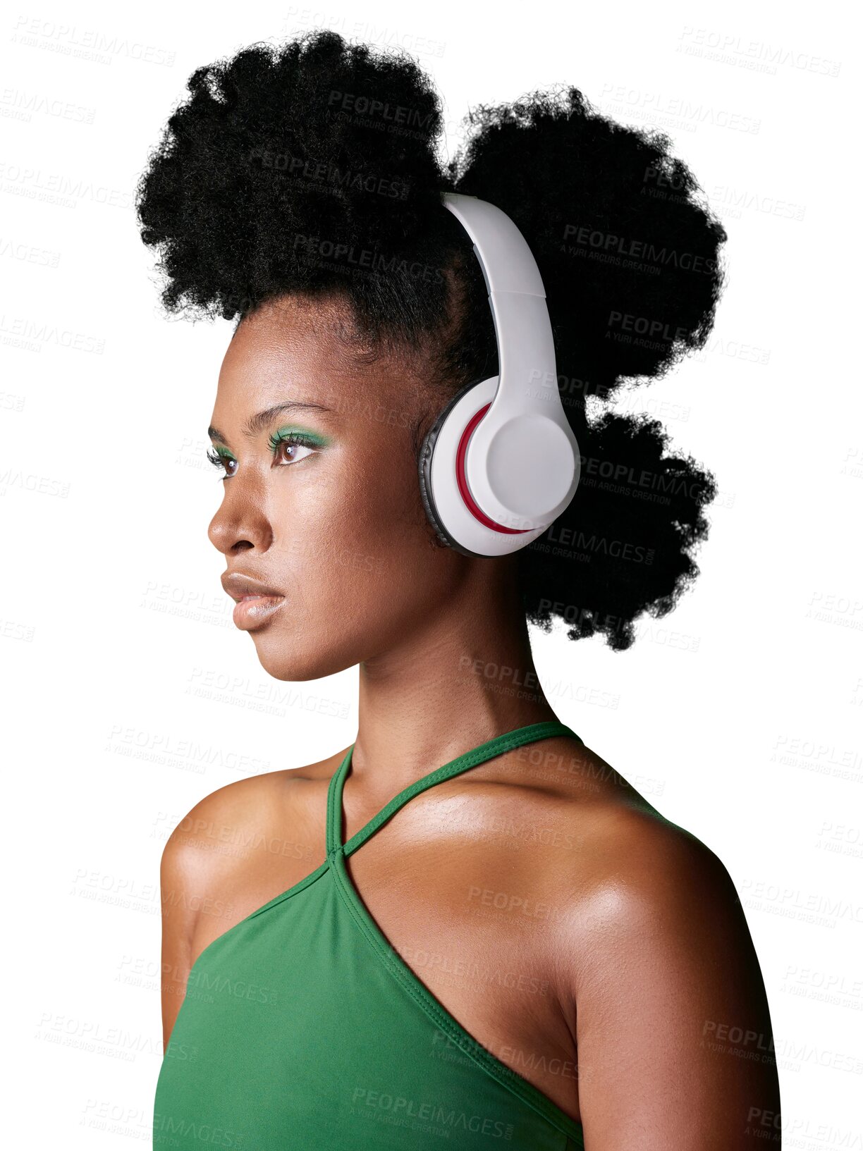 Buy stock photo Black woman, headphones and listening to music or podcast while thinking of fashion. African, gen z girl and audio to listen to streaming service isolated on a transparent png background for tech
