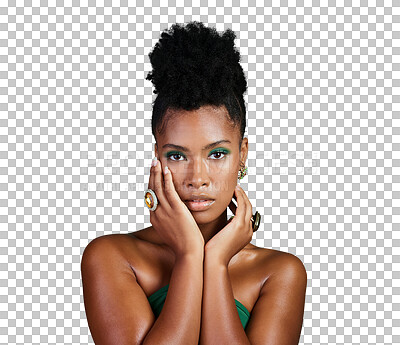 Buy stock photo Portrait, beauty and makeup with a model black woman isolated on a transparent background for fashion. Face, skincare and cosmetics with an attractive young female person touching her skin on PNG