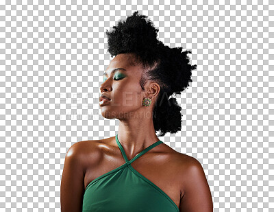 Buy stock photo Makeup, black woman isolated and pose against a transparent png background. Self love or beauty cosmetics, trendy or thinking and young African female person posing for cool vintage fashion style