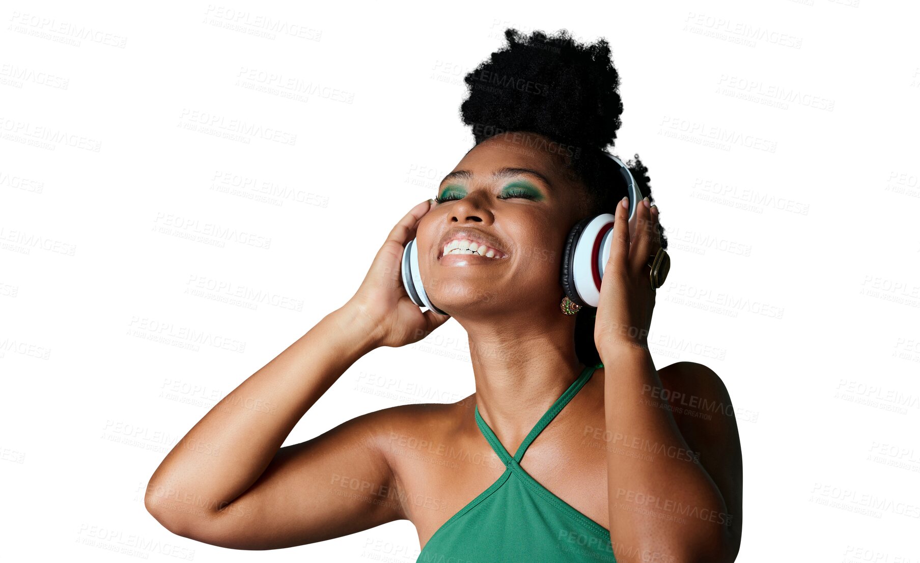 Buy stock photo Isolated African woman, headphones and excited with music, fashion or smile by transparent png background. Happy gen z girl, model and audio streaming with radio, podcast or sound with green makeup