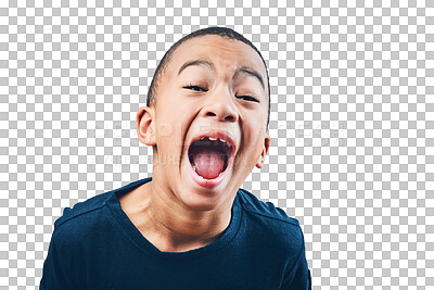 Buy stock photo Happy little boy, face and portrait screaming standing isolated on a transparent PNG background. Child, kid or teen shouting or yell with open mouth for announcement, news or calling attention
