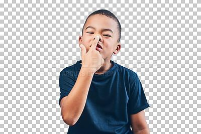 Buy stock photo Little boy, portrait and hand playing with nose standing isolated on a transparent PNG background. Face of child, kid or teen touching senses for smell, funny comedy or silly facial expression