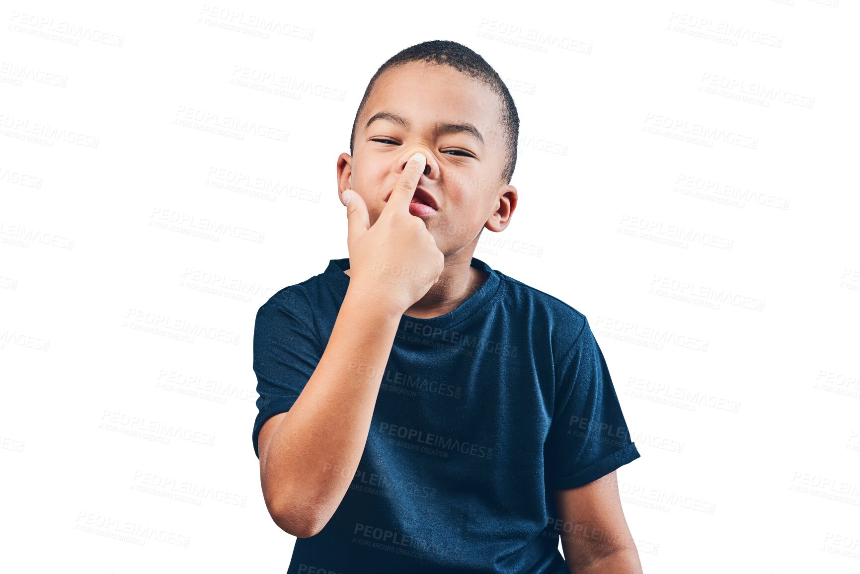 Buy stock photo Little boy, portrait and hand playing with nose standing isolated on a transparent PNG background. Face of child, kid or teen touching senses for smell, funny comedy or silly facial expression