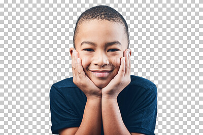 Buy stock photo Portrait, happy and kid with hands on cheeks isolated on a transparent png background. Face, children and young African child from South Africa with innocence, cute and smile of adorable little boy.