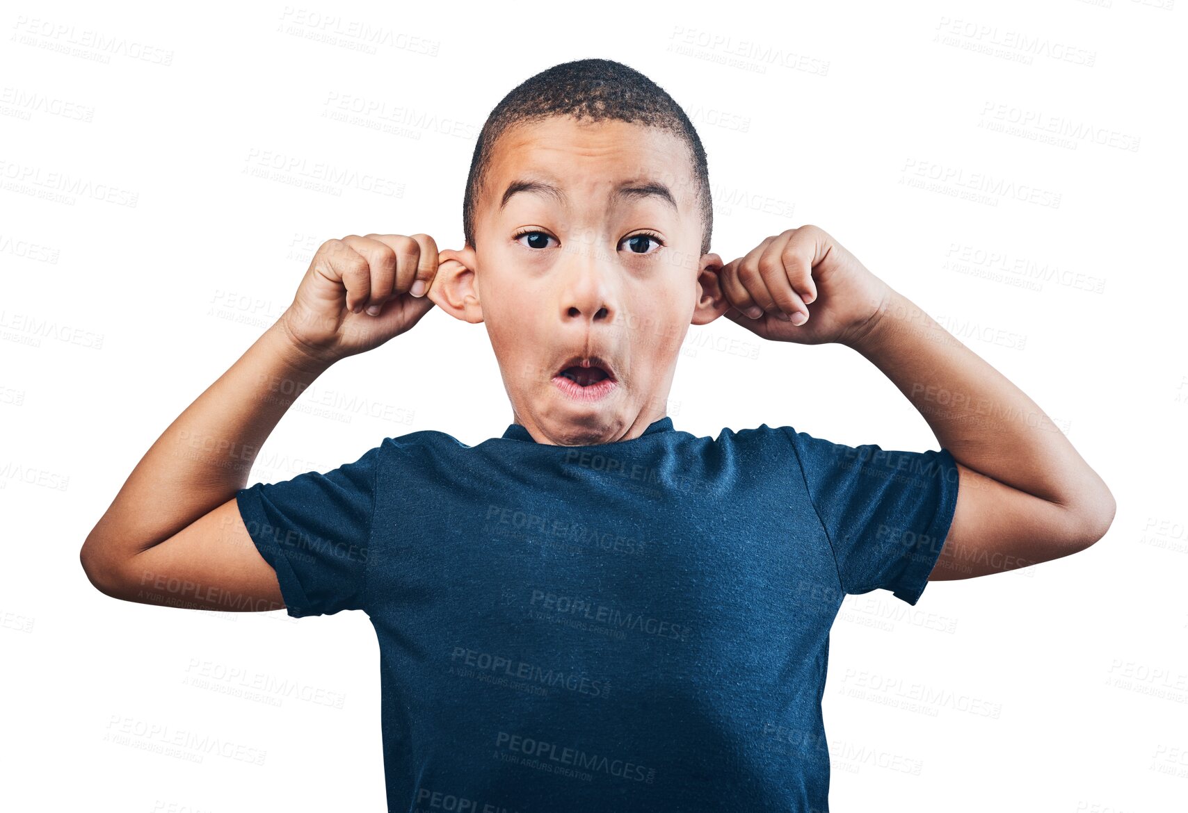 Buy stock photo Portrait, funny and child pulling ears for listening, attention or comedy on transparent, isolated or png background. Face, kid or boy with crazy expression, gesture or silly and goofy humor