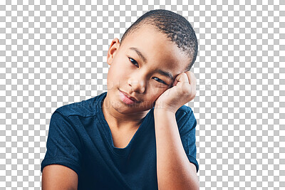 Buy stock photo Bored, sad and portrait of child on transparent background for frustration, disappointed and problem. Depression, failure and lonely with face of young person isolated on png for confused and upset