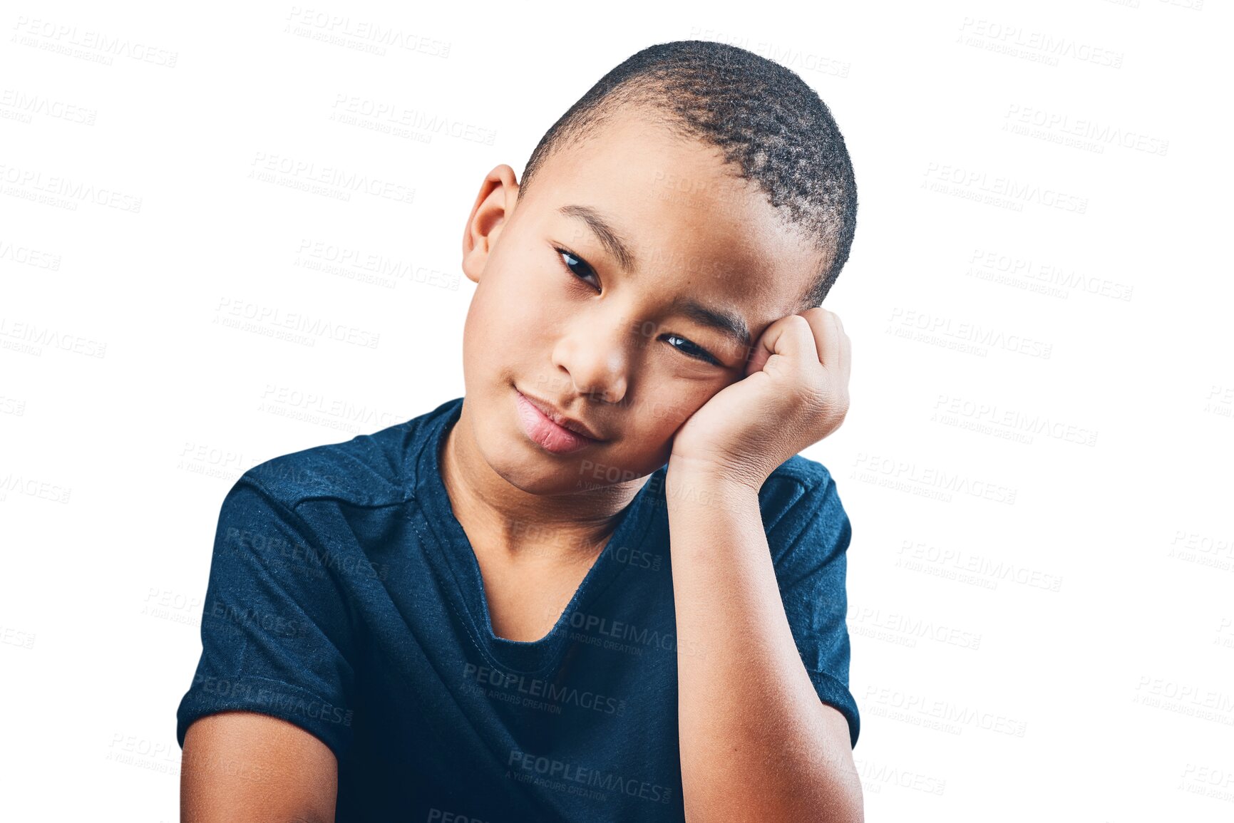 Buy stock photo Bored, sad and portrait of child on transparent background for frustration, disappointed and problem. Depression, failure and lonely with face of young person isolated on png for confused and upset