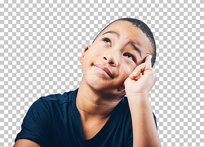 Buy stock photo Boy child, thinking and hand on face for ideas, planning or memory and hope. Inspiration, decision and latino kid isolated on a transparent, png background to think of question, fantasy or dream
