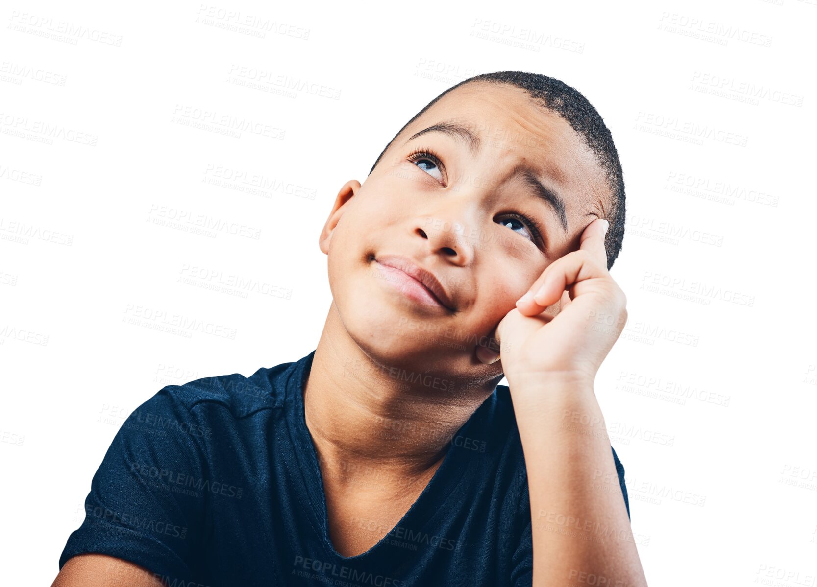 Buy stock photo Boy child, thinking and hand on face for ideas, planning or memory and hope. Inspiration, decision and latino kid isolated on a transparent, png background to think of question, fantasy or dream

