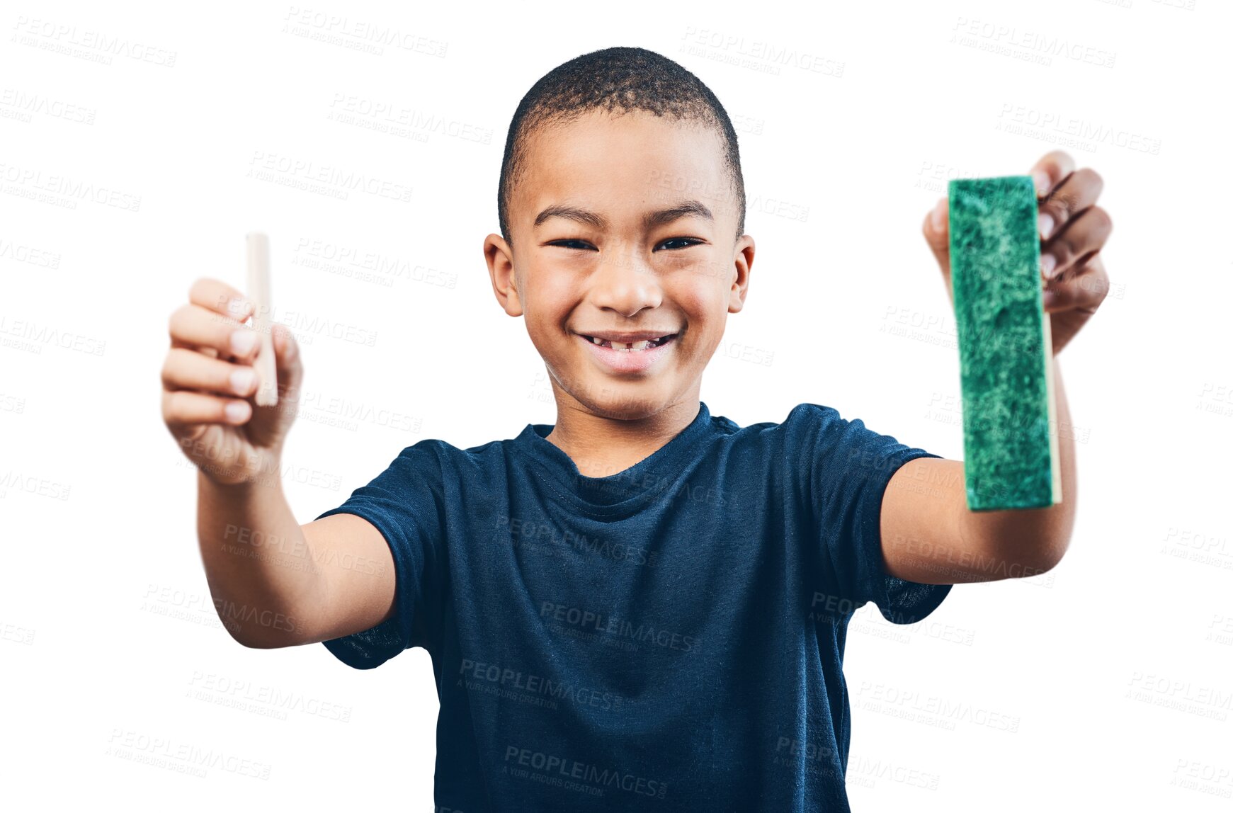 Buy stock photo Child, chalk and blackboard duster in hands for cleaning class, learning and education. School, student and happy latino kid isolated on a transparent, png background for creativity, art and drawing