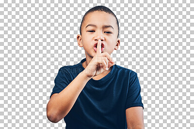 Buy stock photo Child, finger on lips and silence portrait for secret, gossip or confidential info. Quiet, mystery and latino kid isolated on a transparent, png background with hand on mouth emoji for privacy
