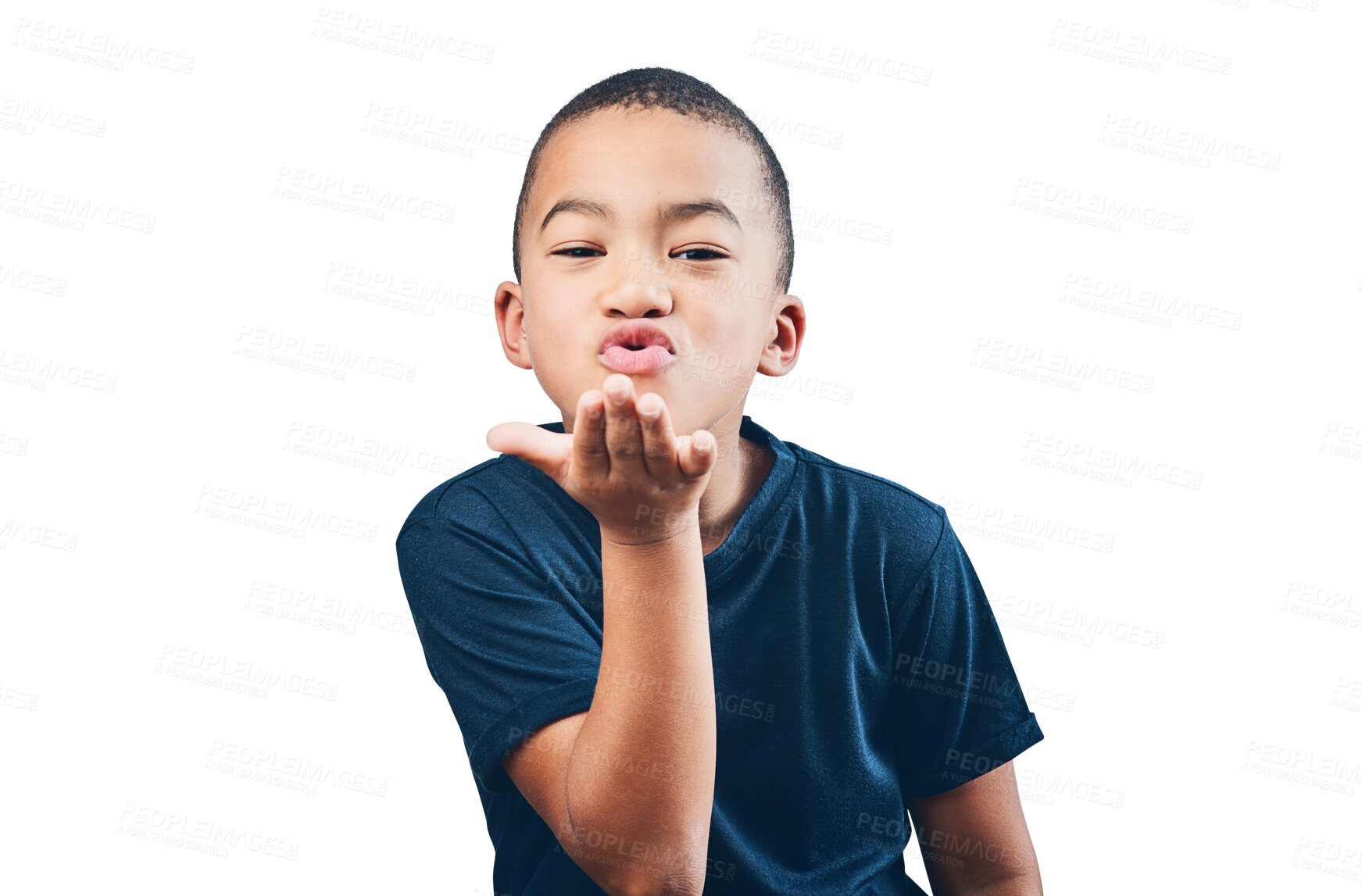 Buy stock photo Boy child, blowing air kiss and happy portrait for flirting, motivation or love. Inspiration, hand gesture and latino kid isolated on transparent, png background to pout lips for kindness or romance