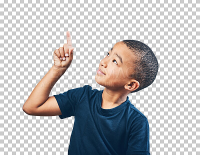 Buy stock photo Boy child, pointing finger and advertising space for ideas, choice or attention. Inspiration, announcement and latino kid isolated on a transparent, png background with hand sign to show promotion