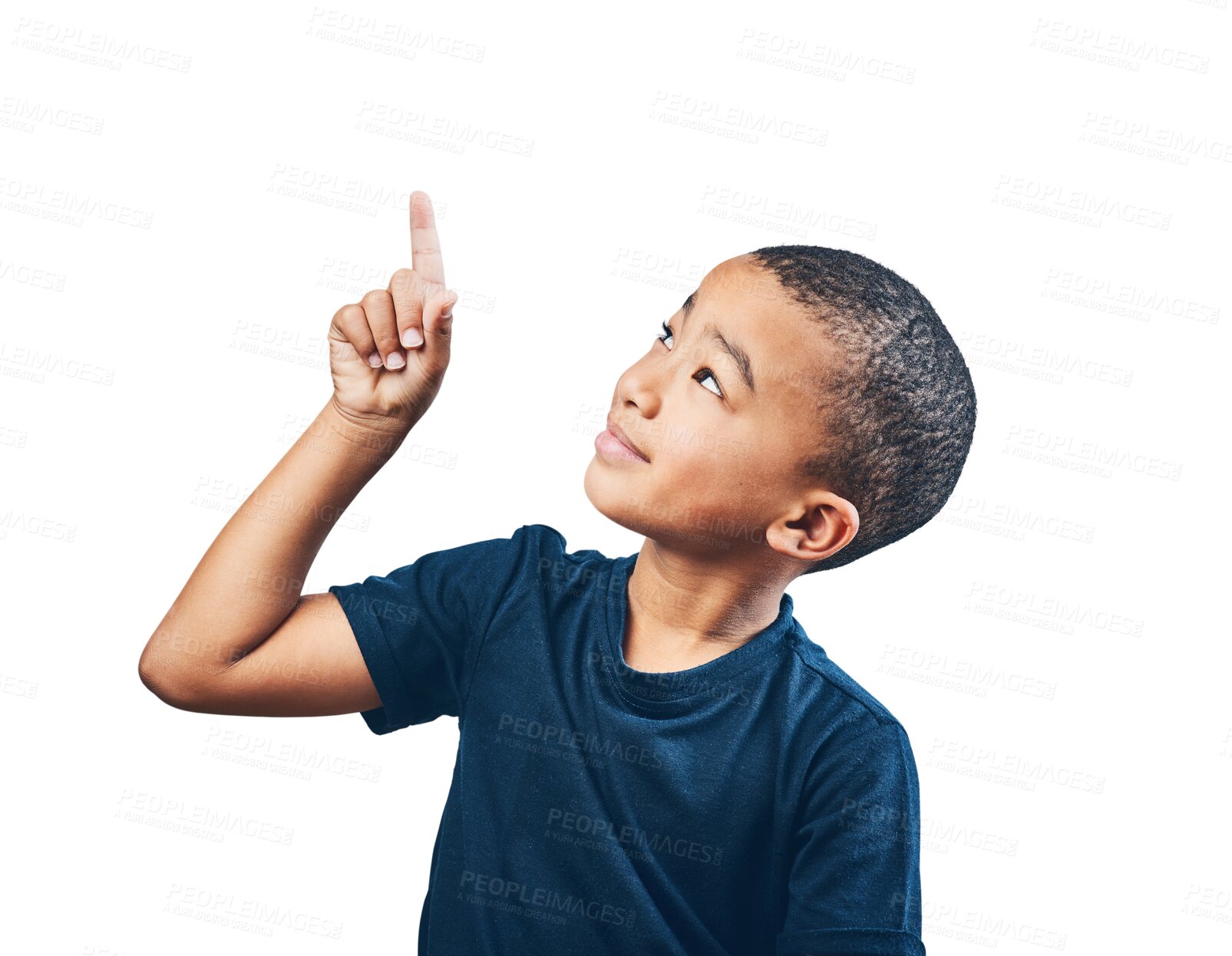 Buy stock photo Boy child, pointing finger and advertising space for ideas, choice or attention. Inspiration, announcement and latino kid isolated on a transparent, png background with hand sign to show promotion