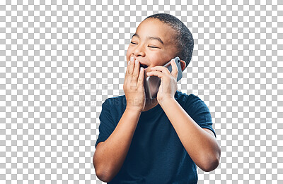 Buy stock photo Child, phone call and laughing or talking for communication with network connection. Smartphone, technology and latino kid isolated on a transparent, png background for funny conversation or chat
