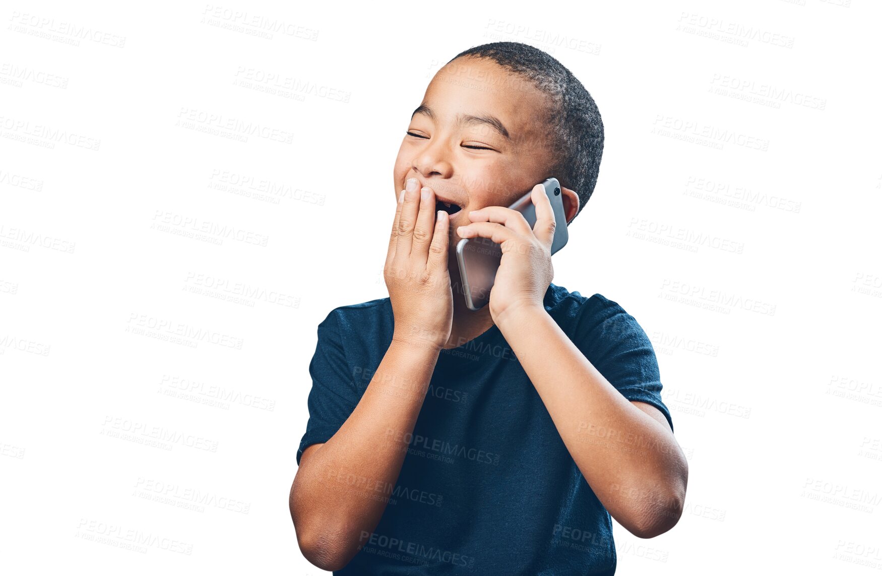Buy stock photo Child, phone call and laughing or talking for communication with network connection. Smartphone, technology and latino kid isolated on a transparent, png background for funny conversation or chat