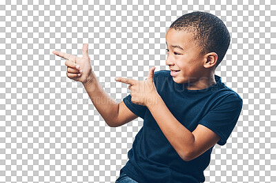 Buy stock photo Kid, finger guns and child pointing isolated on a transparent png background. African boy, hand gesture and point to advertising, marketing or branding for commercial promotion, direction and happy.