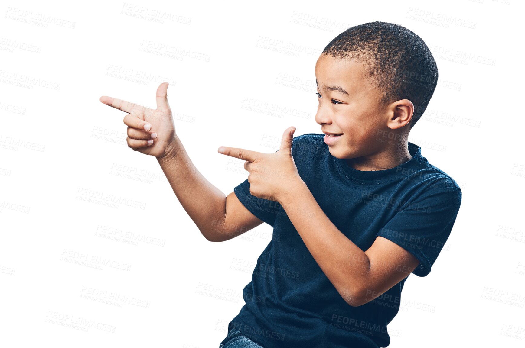 Buy stock photo Kid, finger guns and child pointing isolated on a transparent png background. African boy, hand gesture and point to advertising, marketing or branding for commercial promotion, direction and happy.