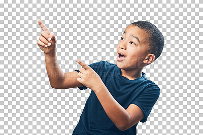 Buy stock photo Children, wow and kid pointing isolated on a transparent png background. African boy, surprise and show advertising, marketing or branding for commercial promotion, choice or suggestion for deal.