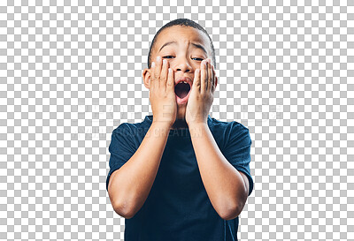 Buy stock photo Portrait, kid and face of surprise, wow or expression of fear and shock on transparent, isolated or png background. Child, excited boy or omg reaction to announcement, news or promotion information