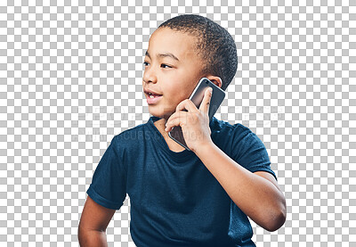 Buy stock photo Boy child, phone call and talking for communication with network connection. Smartphone, technology and latino kid isolated on a transparent, png background for conversation or chat with a contact