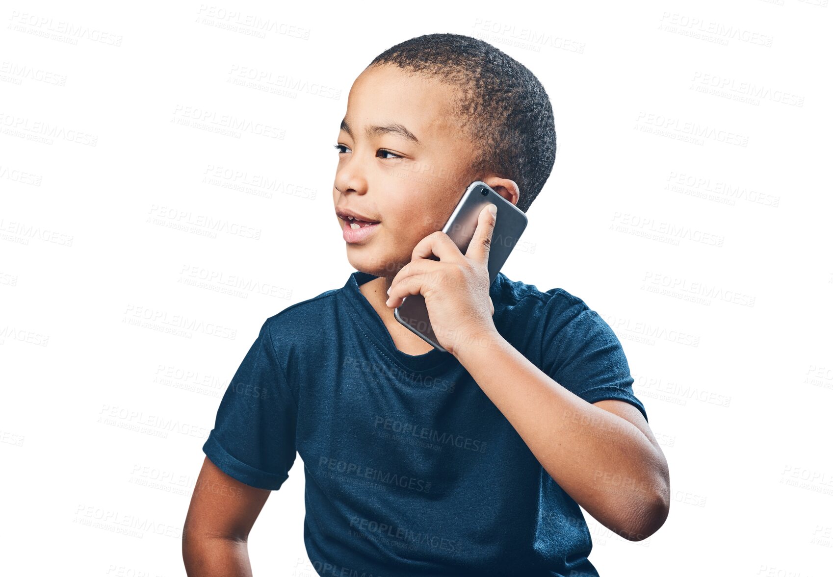 Buy stock photo Boy child, phone call and talking for communication with network connection. Smartphone, technology and latino kid isolated on a transparent, png background for conversation or chat with a contact