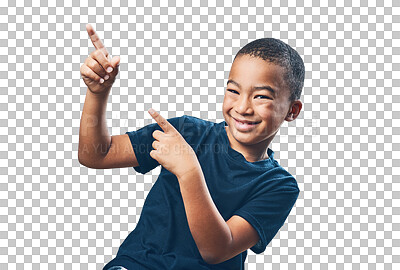 Buy stock photo Happy little boy, portrait and pointing for advertising or marketing isolated on a transparent PNG background. Face of child, kid or teen show with finger and smile for advertisement or notification