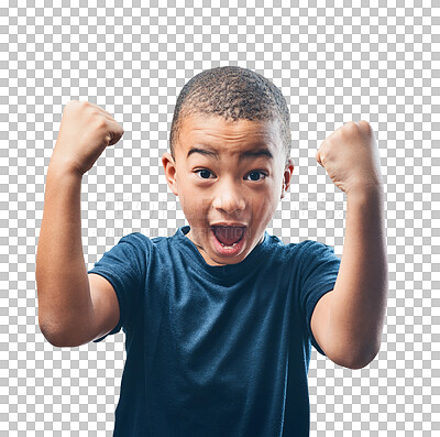 Buy stock photo Happy boy, portrait and fist for winning celebration standing isolated on a transparent PNG background. Little child, kid or teen in success, strong game or surprise for achievement, prize or bonus