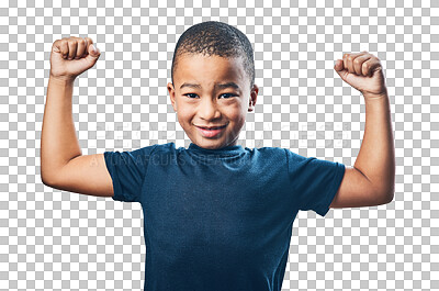 Buy stock photo Portrait, kid and strong muscles of child, boy or school student in sports on transparent, isolated or png background. Male model, healthy fitness and power in arms from workout, exercise or training