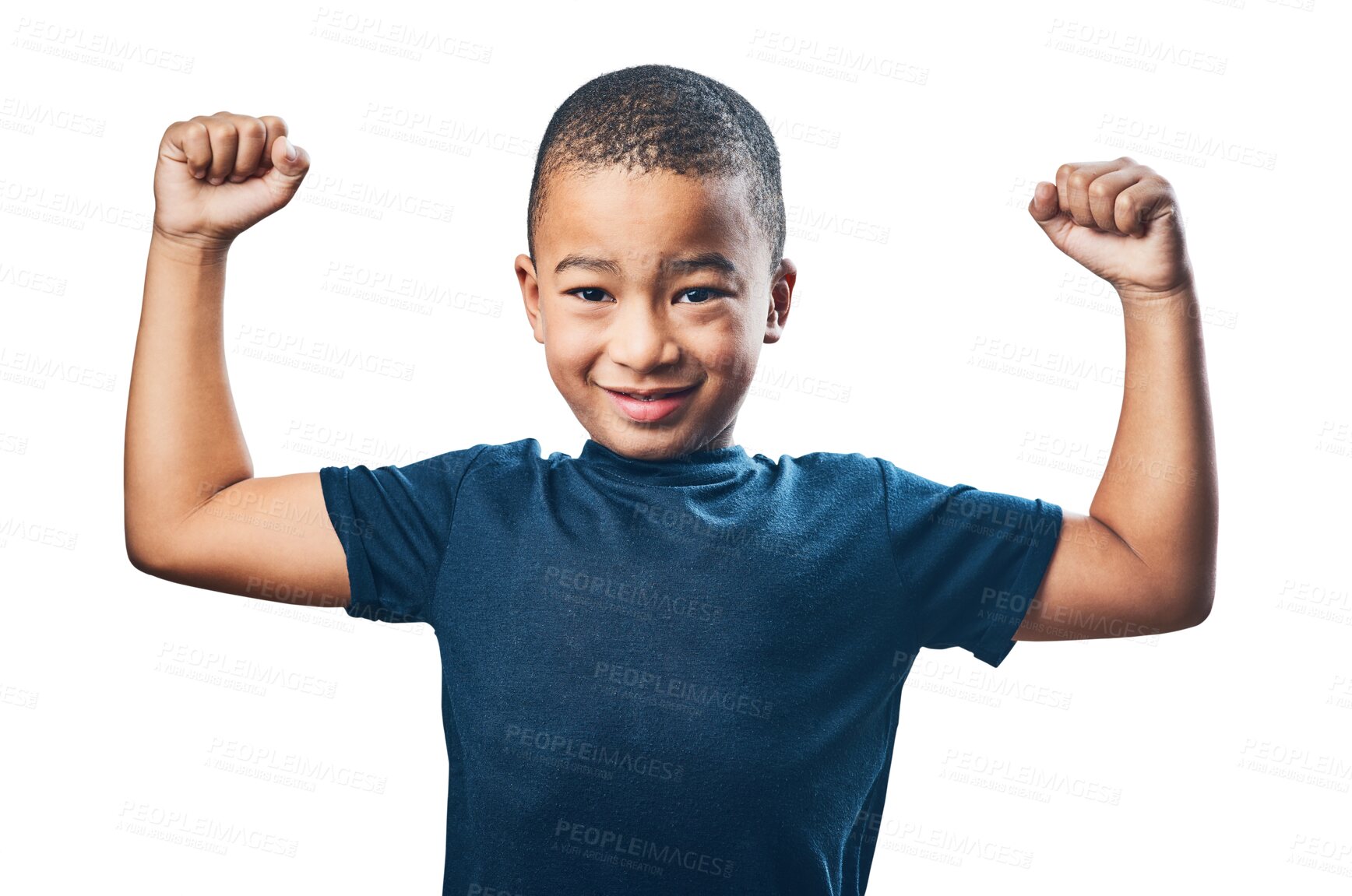 Buy stock photo Portrait, kid and strong muscles of child, boy or school student in sports on transparent, isolated or png background. Male model, healthy fitness and power in arms from workout, exercise or training