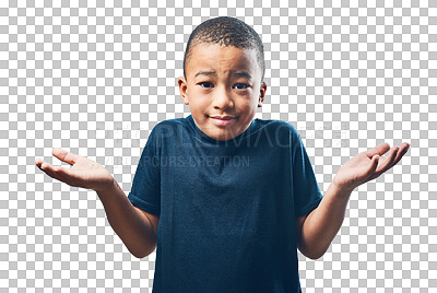 Buy stock photo Portrait, cute and boy with doubt, shrug and decision isolated against a transparent background. Face, male child and young person thinking, confused and kid with a choice, png or question with emoji